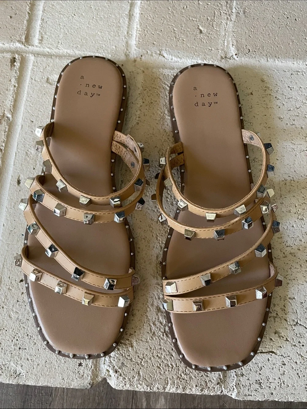 a new day Tan Studded Multi-Strap Slide Sandals